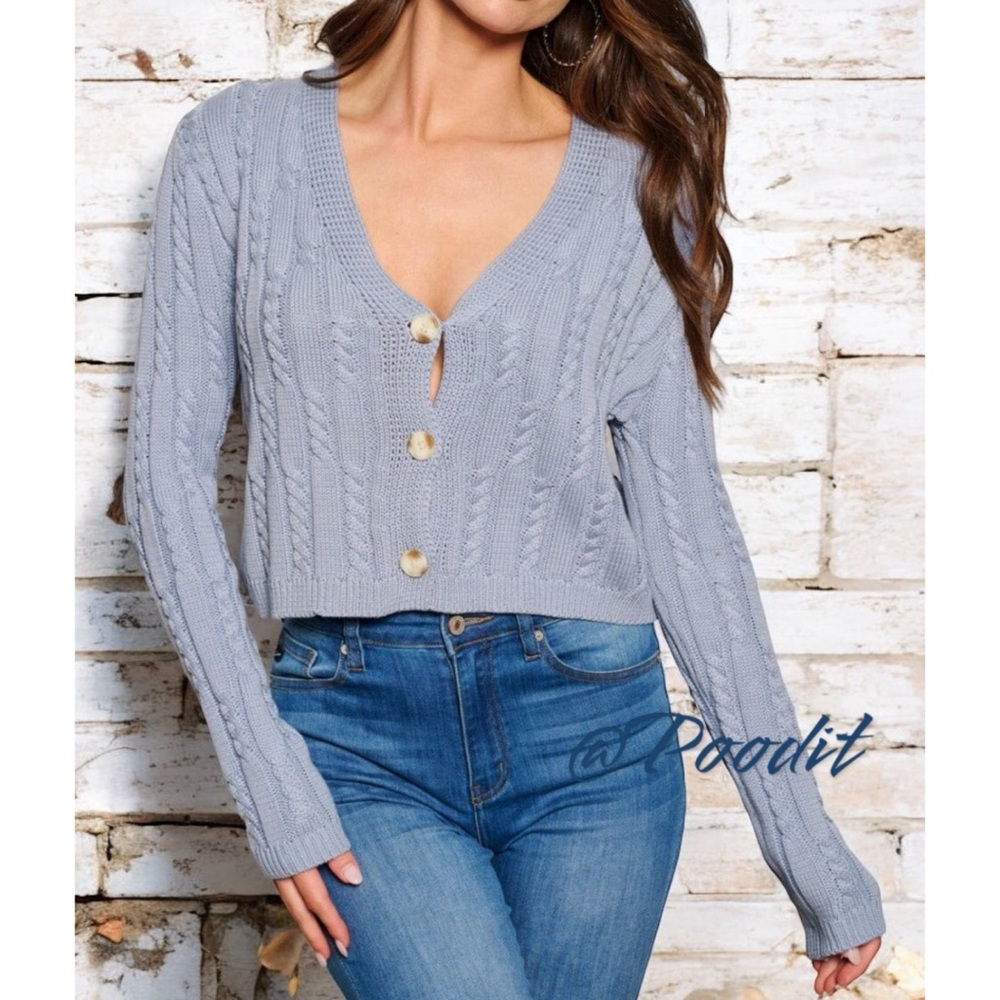 SIGNATURE 8 light blue cable knit cardigan S M L - Picture 3 of 10